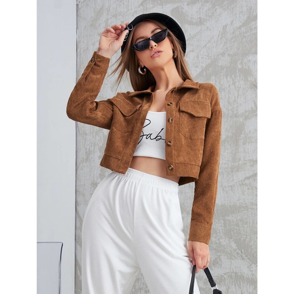 Corduroy Flap Pocket Button Up Crop Jacket trucker shacket - Picture 4 of 8